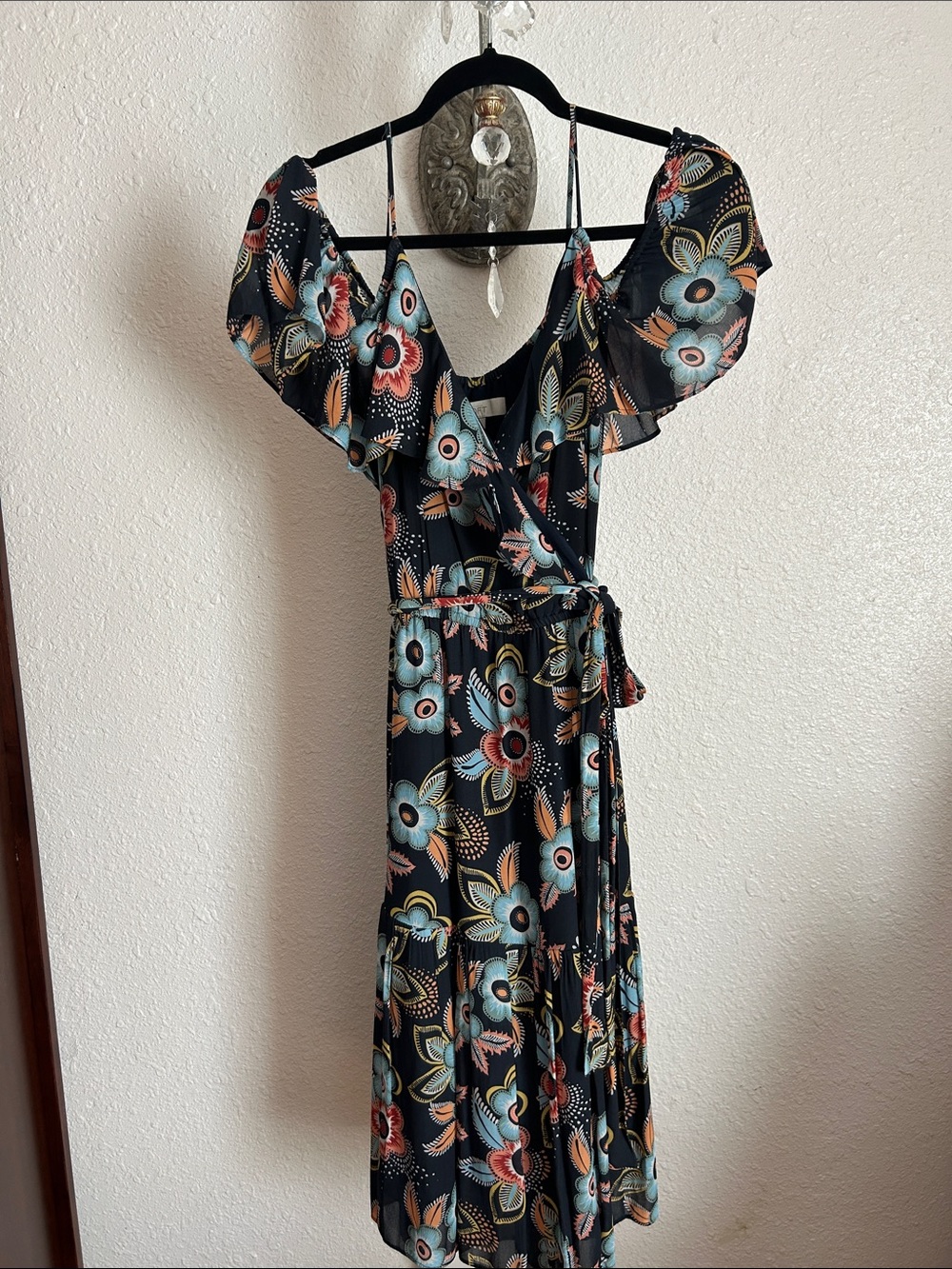 LOFT Black Floral Wrap Midi Dress with Blue and Coral Blooms